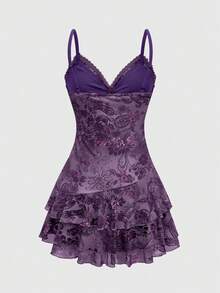 ROMWE Spring/Summer Women's Vintage Hippie Inspired Ruffle Ribbon Lace Paisley Print Mini Dress - Purple - View 4