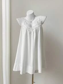 Elamini Đầm ngắn dáng chữ A rộng rãi, thoải mái, màu trắng, thanh lịch, cổ điển, lãng mạn, cổ chữ V, không tay, phối ren, có túi hai bên, dành cho mùa xuân/hè. - trắng - Xem 1