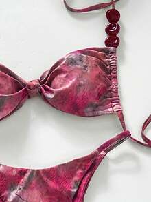 Swim Vcay 3件套春夏假日随机印花咖啡色不对称珍珠装饰抹胸比基尼上衣、下装和褶皱前裙性感女士泳装套装 - 彩色 - 查看 4