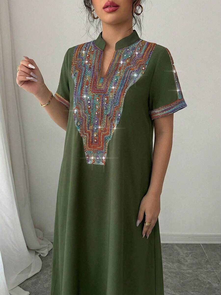 Rafferiza Contrast Color Embroidered Mandarin Collar Rhinestone Embellished Loose Long Dress For Women - Dark Green - View 1