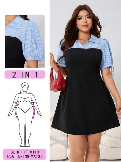 Solflare Spring/Summer New Casual Striped Collar Petal Sleeve Patchwork Black Knit Waist Flare Hem Short Dress, Versatile For Everyday, Party, Music Festival, Back To School, Vacation, Commute, Wedding, Streetwear, Home, Sightseeing, Plus Size