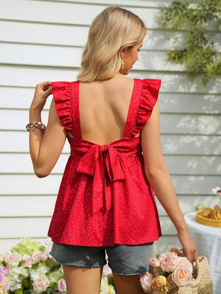 SHEIN Maternity Floral Print Ruffle Sleeve Tie Back Blouse - Red - View 1