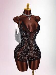 Amplova 2026 New V-Neck Rhinestone Embellished Jumpsuit For Women - Black - View 1