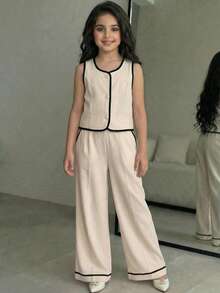 SHEIN Tween Girl Casual Elegant Woven Contrast Color Sleeveless Top With Pockets And Wide Leg Pants 2-Piece Set, Khaki, Suitable For Daily Wear, Back To School, Mother-Daughter Matching - Khaki - View 3