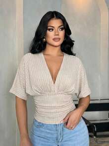 SHEIN SXY Women's Solid Deep V-Neck Batwing Short Sleeve Ribbed Fitted T-Shirt - Apricot - View 1