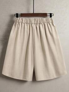 EMERY ROSE Women's Casual Commute Daily Outing Elastic Waist Round Slit Design Chinese Knot Button Decor Shorts - Apricot - View 2