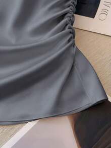 Franclia Áo kiểu nữ thanh lịch cổ tròn, thắt eo, tay ngắn xếp ly, màu hồng đào nhạt, đa năng. - Màu Xám nhạt - Xem 4