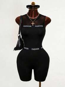BamGleam Bộ jumpsuit lưới phối nhiều mảnh gợi cảm, jumpsuit ngắn ôm sát cơ thể, co giãn cao, trang trí chữ cái thời trang, phong cách câu lạc bộ quyến rũ. - màu đen - Xem 4