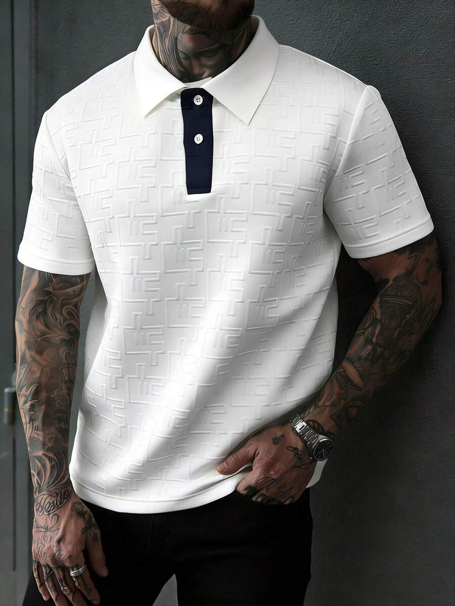 Manfinity CasualCool 男士撞色领 Polo 衫，3D 几何提花休闲短袖上衣 - 白色 - 查看 1