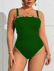 Slaydiva Plus Size Women's Applique Ruched One-Piece Swimsuit, Suitable For Beach Vacation, Pool Party, Beach Party - Dark Green - View 3
