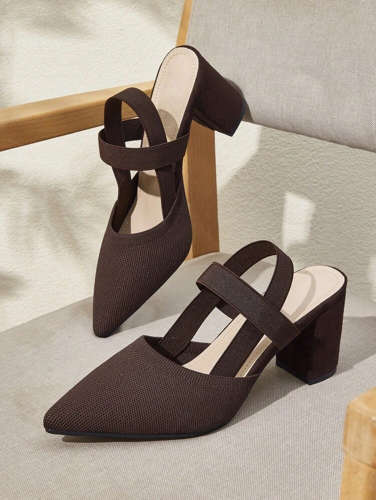 CUCCOO BASICS Women's Coffee Colored Comfortable Breathable Woven Elastic Slip-On Pointed Toe Chunky Heel Pumps For Christmas Spring Shoes