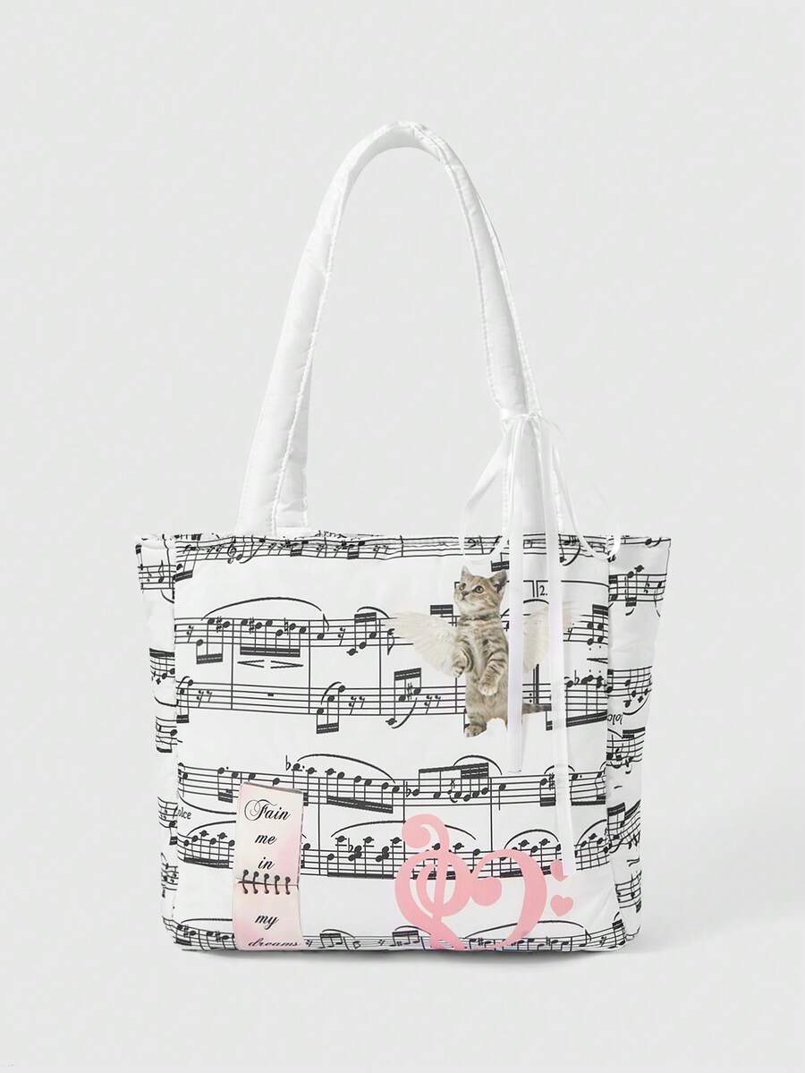 ROMWE Kawaii Bolso de hombro portátil de gran capacidad con gráfico de figura para mujeres - Partituras blancas - Ver 1