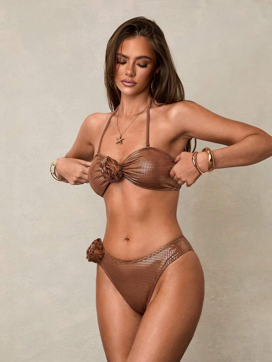 Glamine SHEIN Glamour Solid Color 3D Floral Decor Halter Neck Bikini Set Flower Bikini Swimwears For Woman Two Pieces Shimmer Bikini Two Pieces Swimwear - Brown - View 1