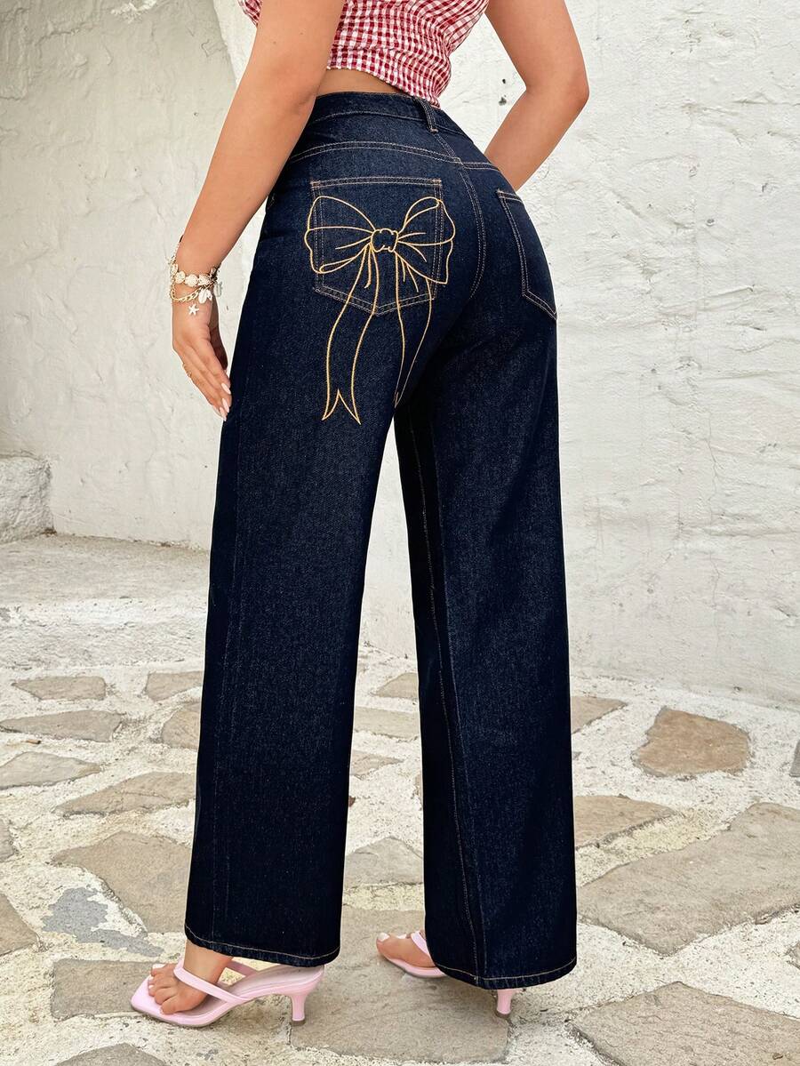 Rivivi 蝴蝶结刺绣时尚水洗直筒牛仔裤 - 深色水洗藍 - 查看 1