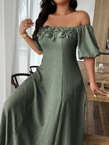 SHEIN LUNE Vestido elegante de fiesta con hombros descubiertos, volantes y decoración floral para mujer de talla grande - Verde militar - Ver 6