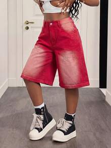 Slaydiva Women's Casual Washed Wide Leg Denim Shorts - Red - View 5