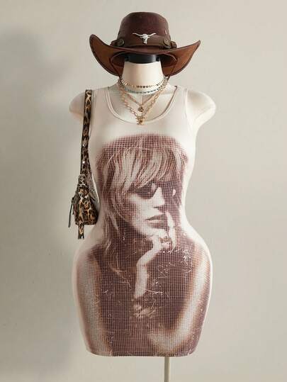 SHEIN ICON Plus Size Women's Spring/Summer Retro Sexy Millennial Style Y2K Bohemian Style Music Festival Outfit Fashionable Individual Avant-Garde Bold Urban Modern Mosaic Portrait Pattern Apricot Slim Fit Casual Vest Dress