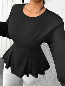 Elenzga 大码女士优雅褶皱圆领长袖衬衫 - 黑色 - 查看 4