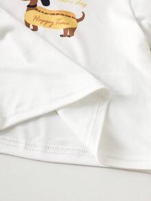 SHEIN 2件套女婴幼儿/新生儿0-3岁休闲日常腊肠犬图案圆领T恤+粉色条纹短裤套装，春夏款 - 黃色 - 查看 4