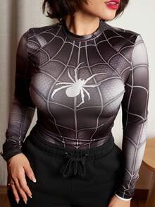 Lupita Cardoza Y2K Amplova 女式蜘蛛印花长袖立领紧身衣，深色时尚风格女式紧身衣万圣节紧身衣蜘蛛网紧身衣 - 黑色 - 查看 3