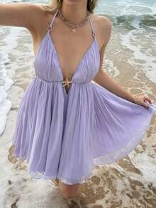 MainGRL Women's Backless Flowy A-Line Deep V-Neck Dress, Vacation, Casual, Date, Daily Wear, Spring/Summer - Green - View 4