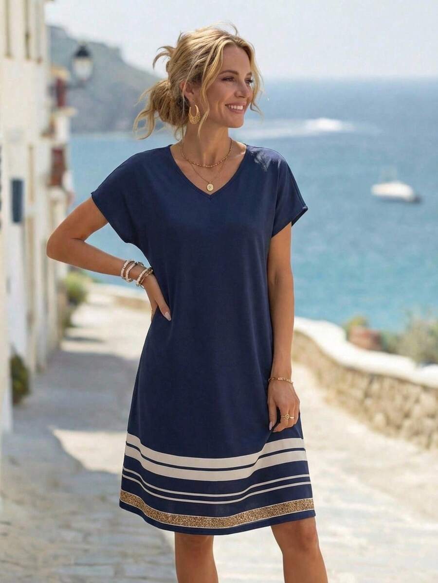 EMERY ROSE Women's Summer Short-Sleeved Dress With Geometric Pattern Print Navy Blue Holiday Outfits Modest Casual Tunic Dress Coastal Vacation Outfit - Multicolor - View 1