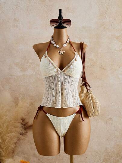 Bellisia 女士夏季沙滩纯色吊带系带性感坦克背心泳衣套装