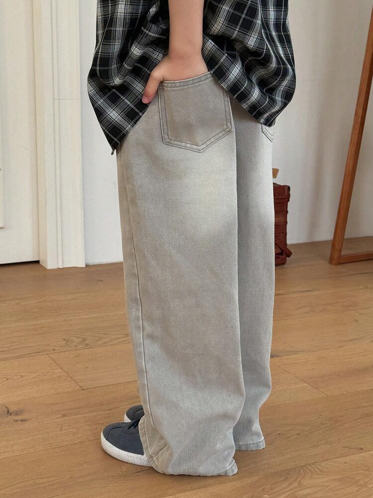 Tween Boys' Elastic Waist Pockets Wide Leg Loose Casual Jeans