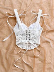 Soleia 女士优雅纯色镂空刺绣交叉绑带吊带背心，夏季 - 白色 - 查看 2