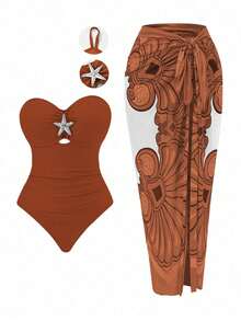 Swim Oasis Plus Size One-Piece Casual Vacation Chiffon Dress Swimsuit Set - Brown - View 1