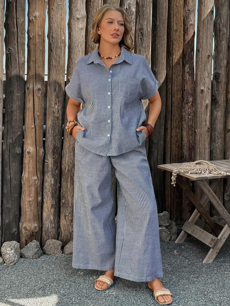 Linhara CURVE Conjunto de 2 piezas de camisa de algodón de bolsillo elegante y casual para talla grande + pantalón recto de pierna recta, conjunto de top de manga corta y pantalones para primavera/verano/otoño, conjunto de 2 piezas a rayas informal para mujer, conjunto de 2 piezas de algodón a rayas para estar en casa - azul real - Añade 6