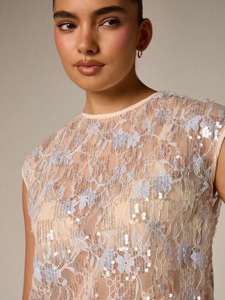 Sequin Floral Lace Cap Sleeve Top