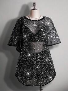 SHEIN ICON 大码音乐节全息T恤裙，宽松全息音乐节派对T恤裙 - 銀色 - 查看 1
