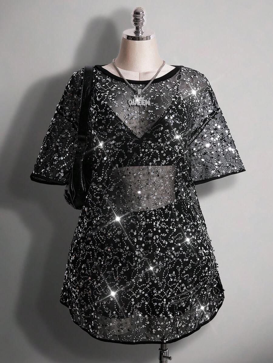 SHEIN ICON 大码音乐节全息T恤裙，宽松全息音乐节派对T恤裙 - 銀色 - 查看 1