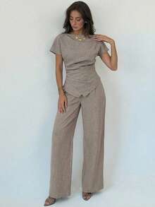 Aloruh Conjunto de blusa de manga corta con cuello de barco y cintura fruncida, y pantalones con bajo asimétrico, en color caqui, para otoño/invierno - Caqui - Ver 5