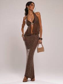 SHEIN BAE Women's Sequin Casual Versatile Date Night Knit Skirt,Spring/Summer New Arrival: A Brown Sequined Embroidered Shimmering Midi Skirt. Perfect For Beach Vacations, Beach Trips, Beach Parties, Dates, Nightclubs, Picnics, Parties, Music Festivals, Brunch, And Other Occasions. - Coffee Brown - View 6