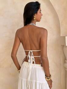 Glamine Women's Knitted Wavy Striped Beaded Tassel Halter Neck Vacation Tank Top - Multicolor - View 2