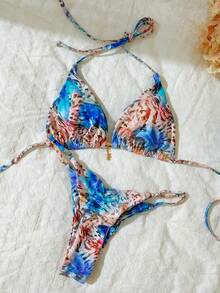 Elavelle Springbreak Women's Random Print Spaghetti Strap Sexy Bikini Swimwear Set, Summer Beachwear Outfits - Multicolor - View 7