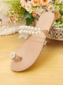 CUCCOO HITCHD Women's Pearl Decorated Round Toe Flat Sandals Wedding Shoes Summer Shoes Bride Shoes - Baby Pink - View 6