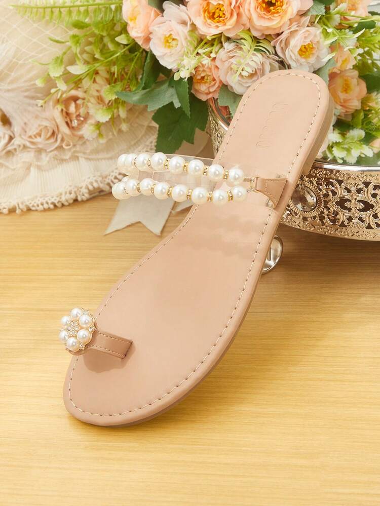 CUCCOO HITCHD Women's Pearl Decorated Round Toe Flat Sandals Wedding Shoes Summer Shoes Bride Shoes