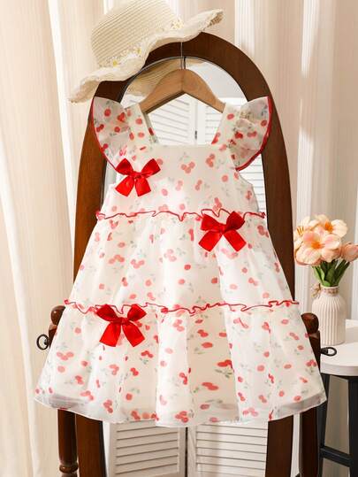 Girls' Cute Ruffled Contrast Color Digital Floral Print Flowing Casual Everyday Dress, Spring/Summer New Arrival