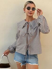 DAZY Women's Plaid Print Twist Front Casual Long Sleeve Shirt Summer - Brown - View 5