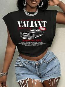 SHEIN Slayr Áo thun cỡ lớn phong cách tối giản, họa tiết xe hơi cổ điển, thích hợp cho mùa hè. - màu đen - Xem 1