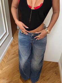 StreetHx Women's Low-Waist Rivet Design Pocket Wide Leg Loose Casual Denim Jeans - Blue - View 7