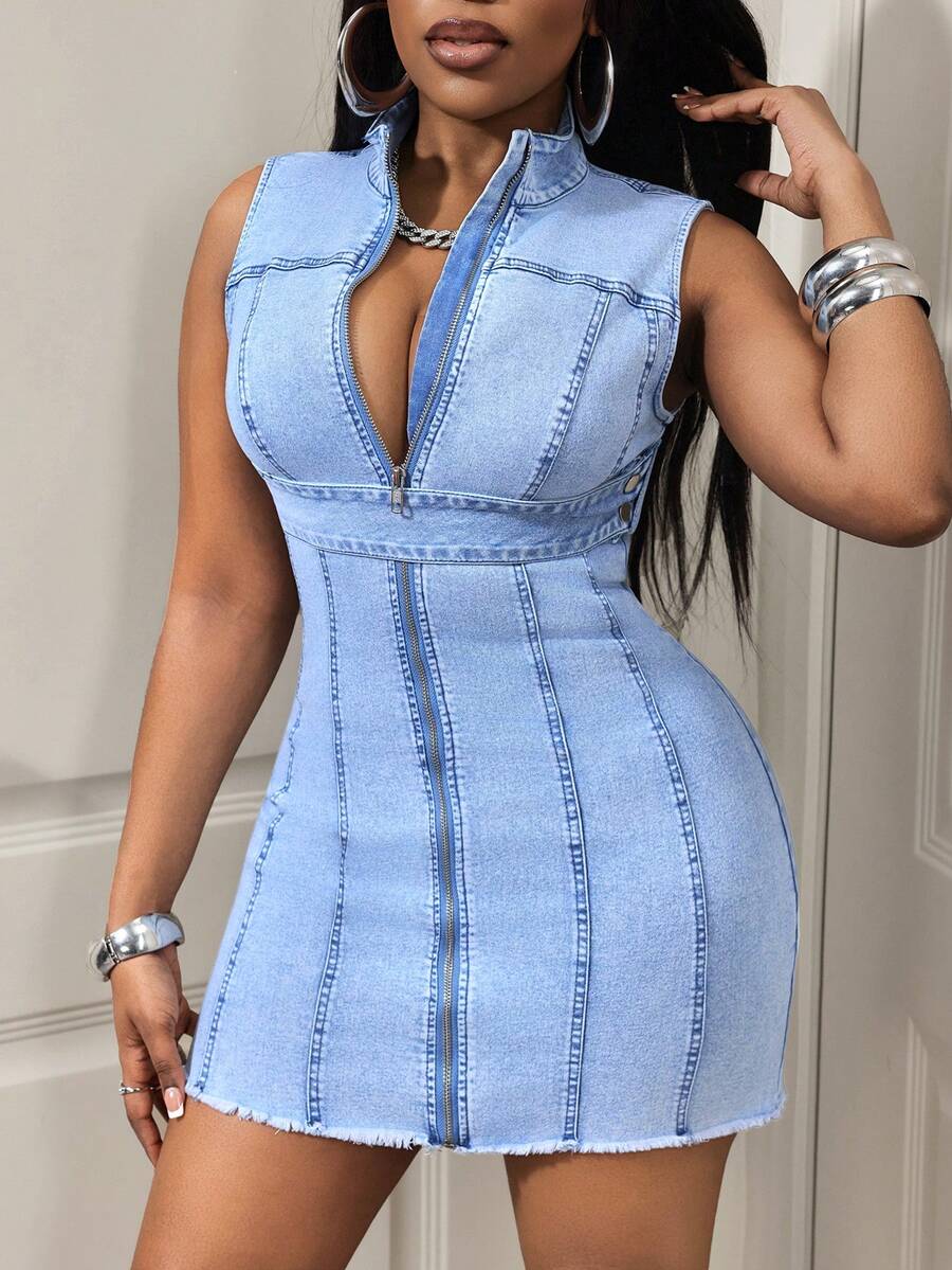 Slaydiva Đầm denim dáng ôm, không tay, khóa kéo phía trước, thời trang thường ngày dành cho nữ. - Màu xanh lam - Xem 1