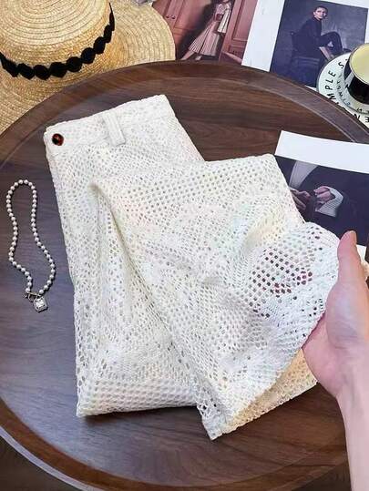 GlowEve CURVE Plus Size Women's Fashionable Hollow-Out Lace Crochet Wide Leg Pants, High Waist Slimming Elastic Waist Casual Trousers, Spring/Summer