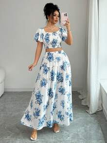 Elenzga Bộ đồ 2 món dành cho nữ mùa xuân/hè: Áo crop top cổ vuông tay bèo in hoa và chân váy chữ A cạp cao. - Xanh và trắng - Xem 1