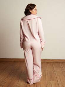 Lupita Cardoza Women's Autumn/Winter New Christmas & Valentine's Day Casual Home Daily Front Bowknot Collar Contrast Trim Pink Shirt And Loose Pink Pants 2-Piece Pajama Set - Pink - View 3