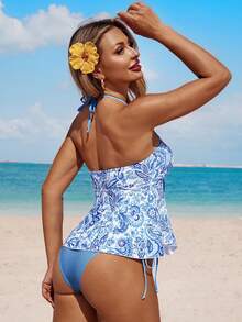 Swim Lushoire Women's White And Blue Floral Tankini Set,Summer Boho Spaghetti Strap Camisole Bikini Top & Triangle Bottoms,Holiday Pool Party Asymmetrical Ruffle - Multicolor - View 2
