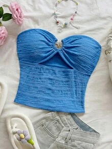 Soleia 女士度假风海星纹理镂空抹胸上衣，修身时尚衬衫，性感百搭，适合派对、约会、下午茶、海滩、夏季穿着 - 寶藍色 - 查看 6